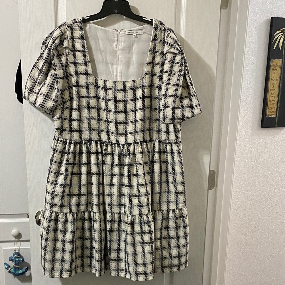 English Factory Plaid Midi Dress in Black and White